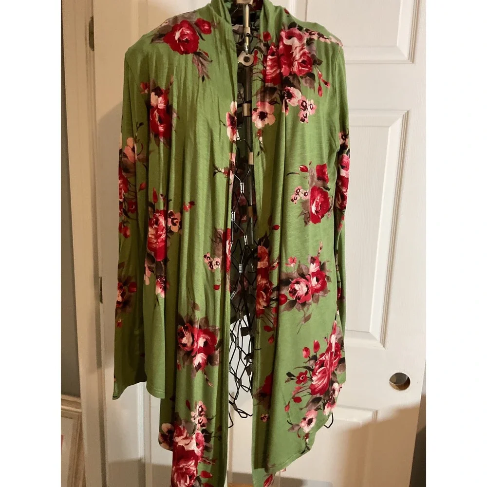 Amore All F Y Cardigan Grn Floral Print Long Sleeve Open Front Made In USA Large